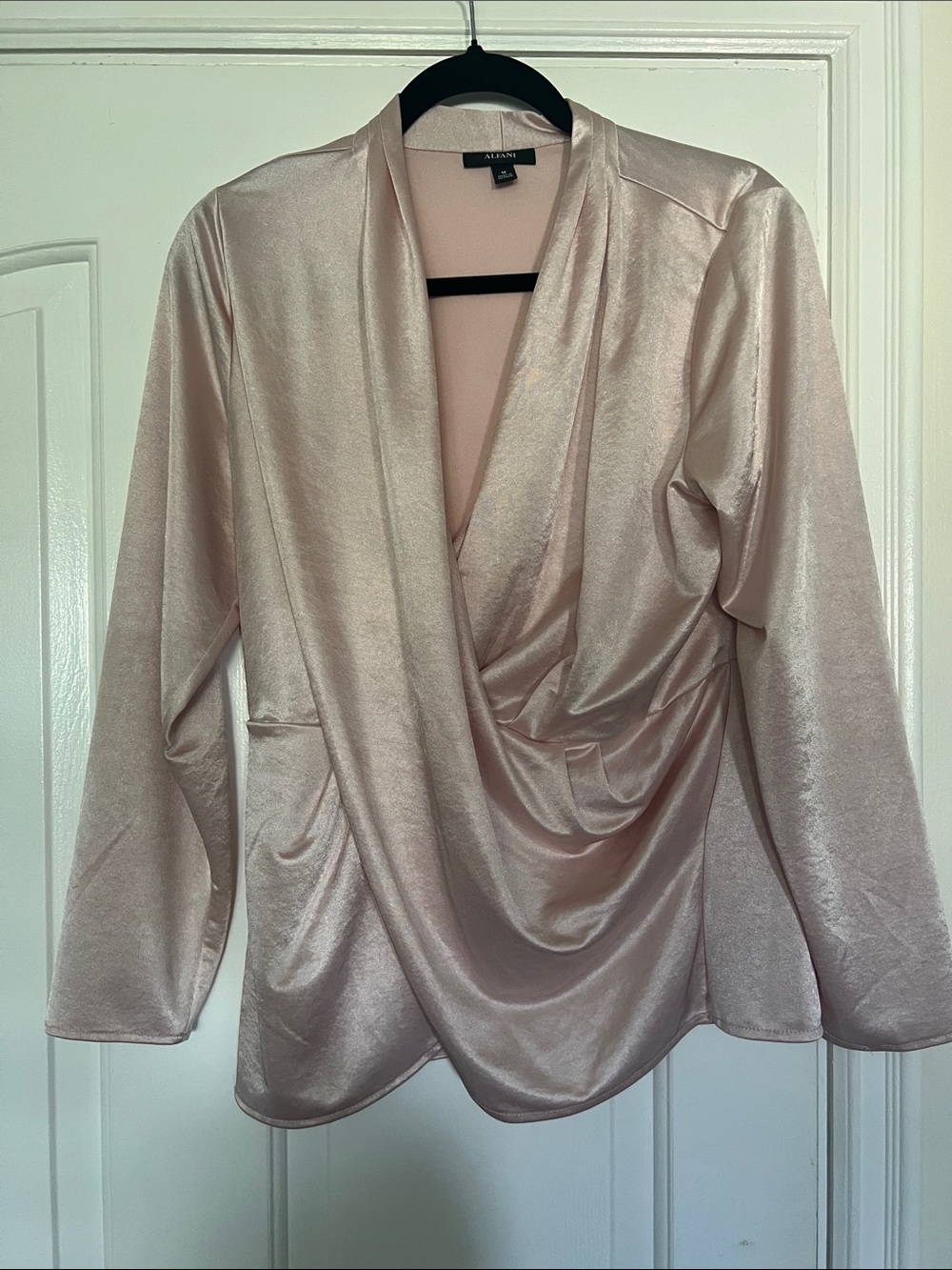Alfani Blush Satin Drape-Front Long Sleeve Blouse
